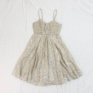 Nude Beige Silver Metallic Brocade Fit & Flair Cocktail Dress | Size 8